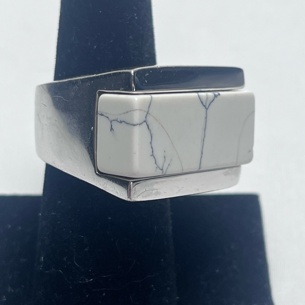 Vince Camuto Silver Tone Ring with White Howlite Rectangular Inlay
